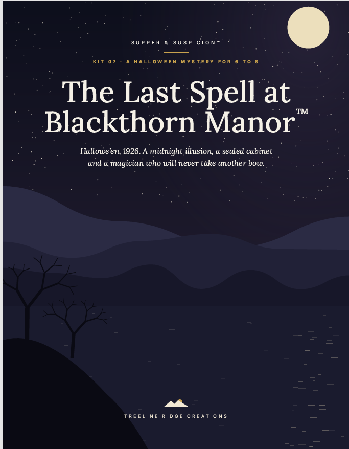 The Last Spell at Blackthorn Manor mystery party kit cover with a moonlit mountain landscape and Treeline Ridge Creations branding