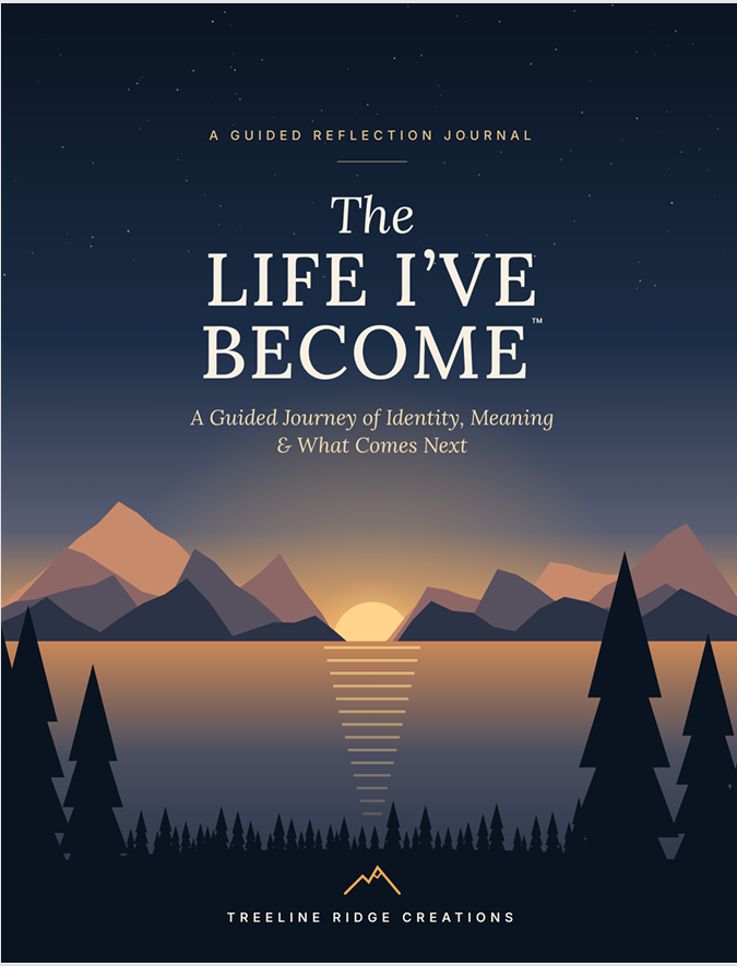 The Life I’ve Become guided reflection journal cover with mountains and sunset over a lake