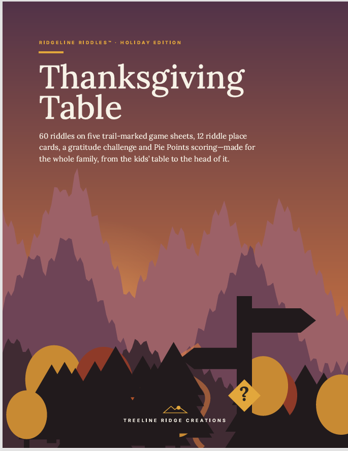 Ridgeline Riddles Thanksgiving Table cover with autumn mountains, a trail sign and golden trees.