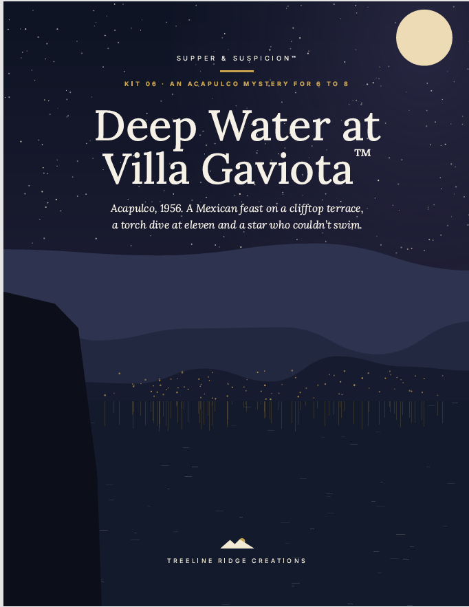 Deep Water at Villa Gaviota mystery party kit cover featuring a moonlit Acapulco coastline and Treeline Ridge Creations branding