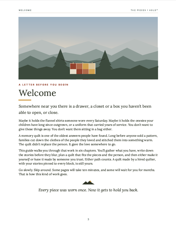 Welcome page introducing memory quilts and preserving clothing stories