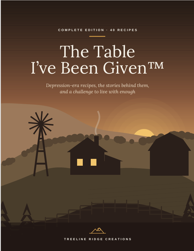 The Table I’ve Been Given complete edition cookbook cover with a farmhouse, windmill, and warm sunset landscape
