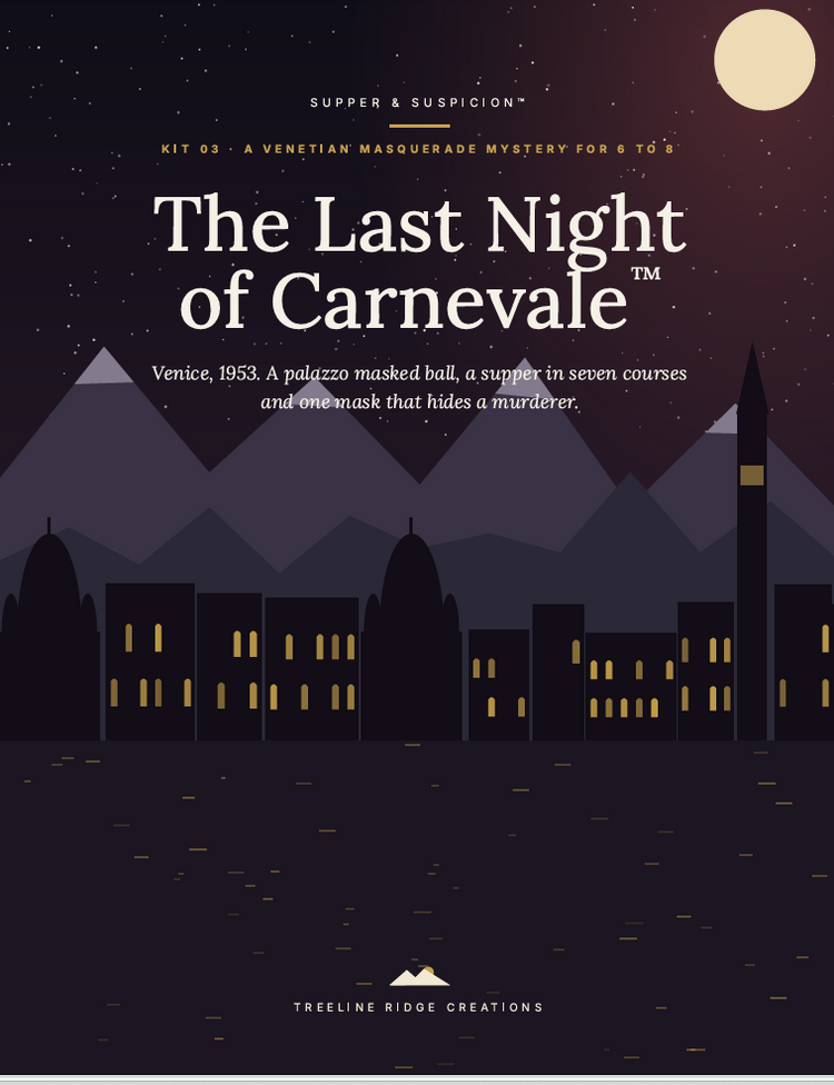 The Last Night of Carnevale mystery party kit cover featuring a moonlit Venetian skyline and Treeline Ridge Creations branding