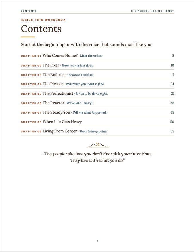 Contents showing nine chapters in The Person I Bring Home workbook