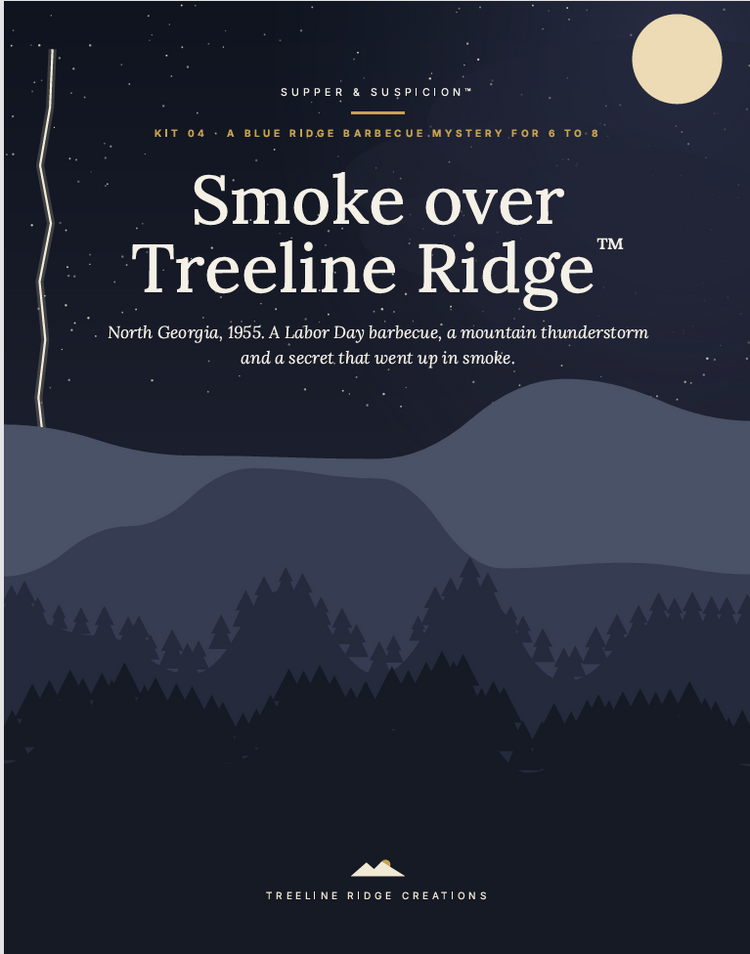 Smoke over Treeline Ridge mystery party kit cover with moonlit mountain ridges, forest silhouettes, and Treeline Ridge Creations branding