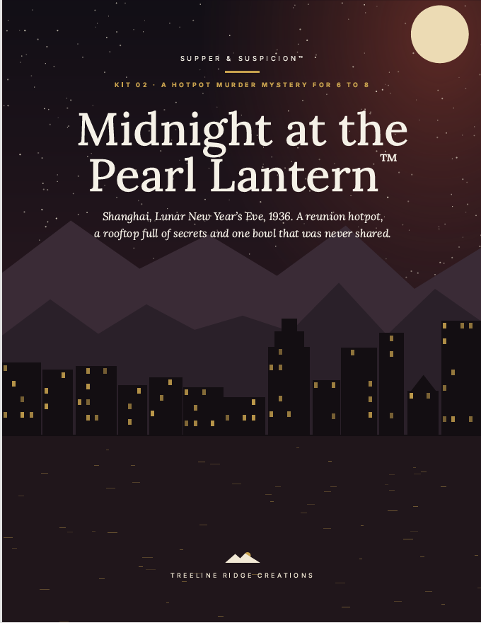 Midnight at the Pearl Lantern mystery party kit cover featuring a moonlit skyline and Treeline Ridge Creations branding